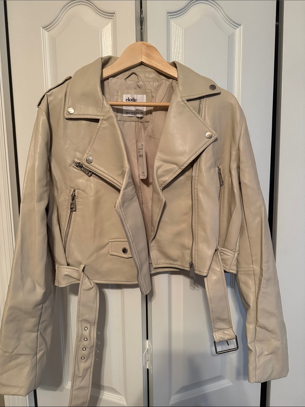 Elodie Beige Faux Leather Moto Jacket